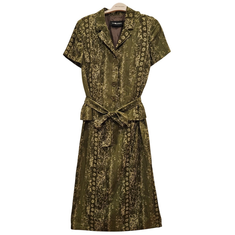 Sag Harbor Dress Womens 12 Olive Green Floral Damask Button Front Belted Vintage